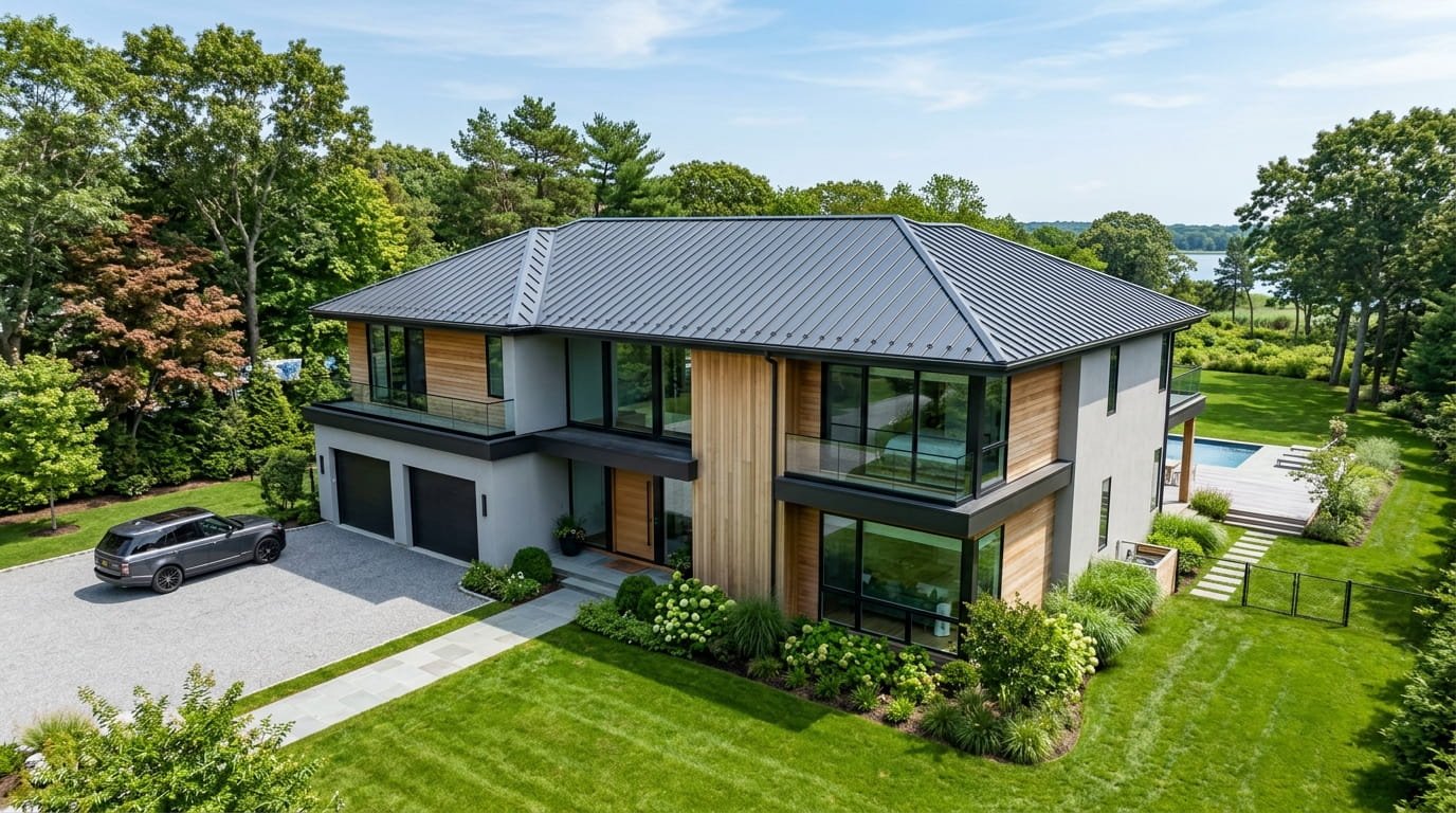 Modern residential house with newly installed grey metal roofing.