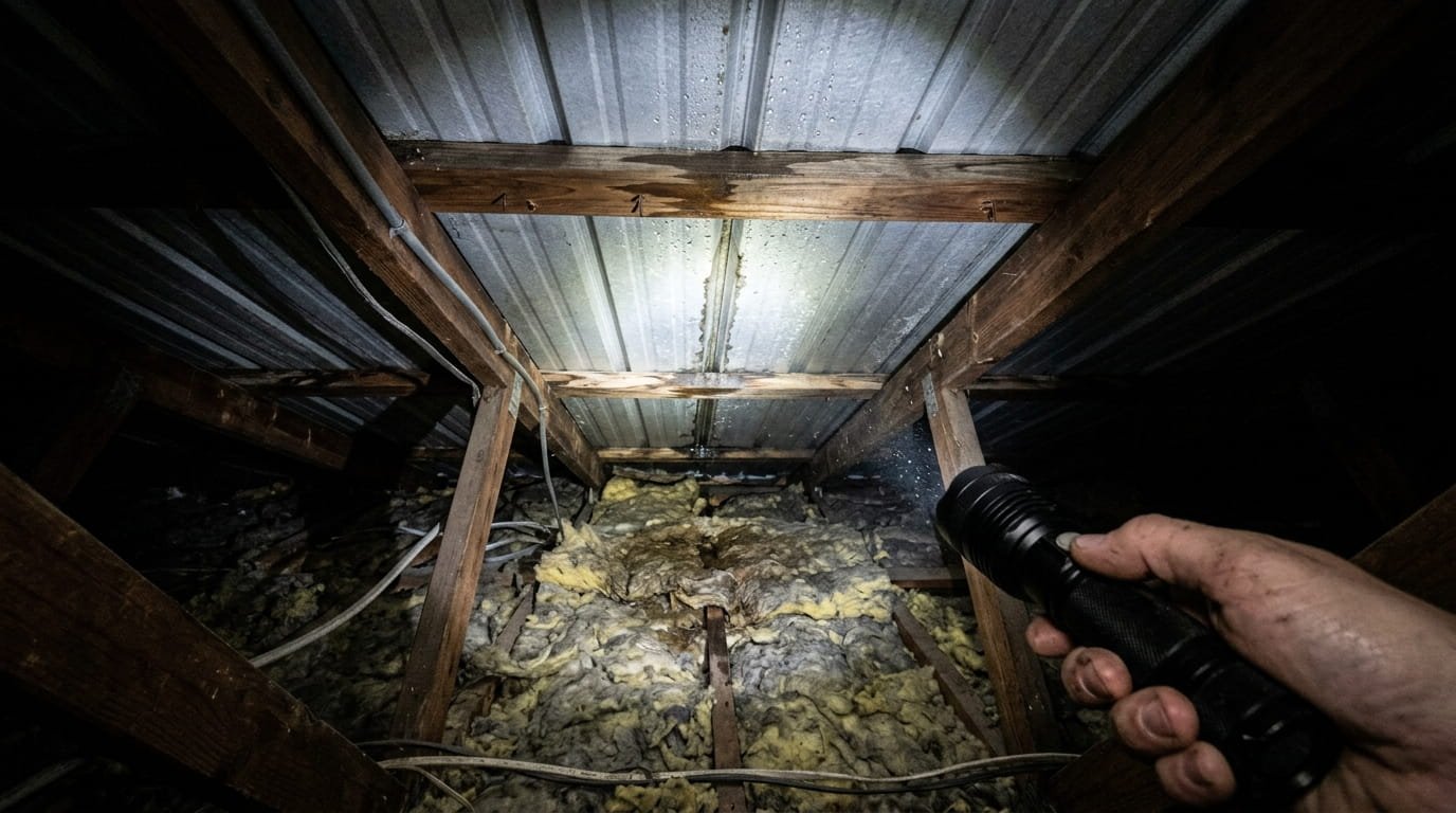 Interior attic view of a metal roof leak, with a flashlight beam highlighting a water trail on the silver decking and moisture-impacted insulation.