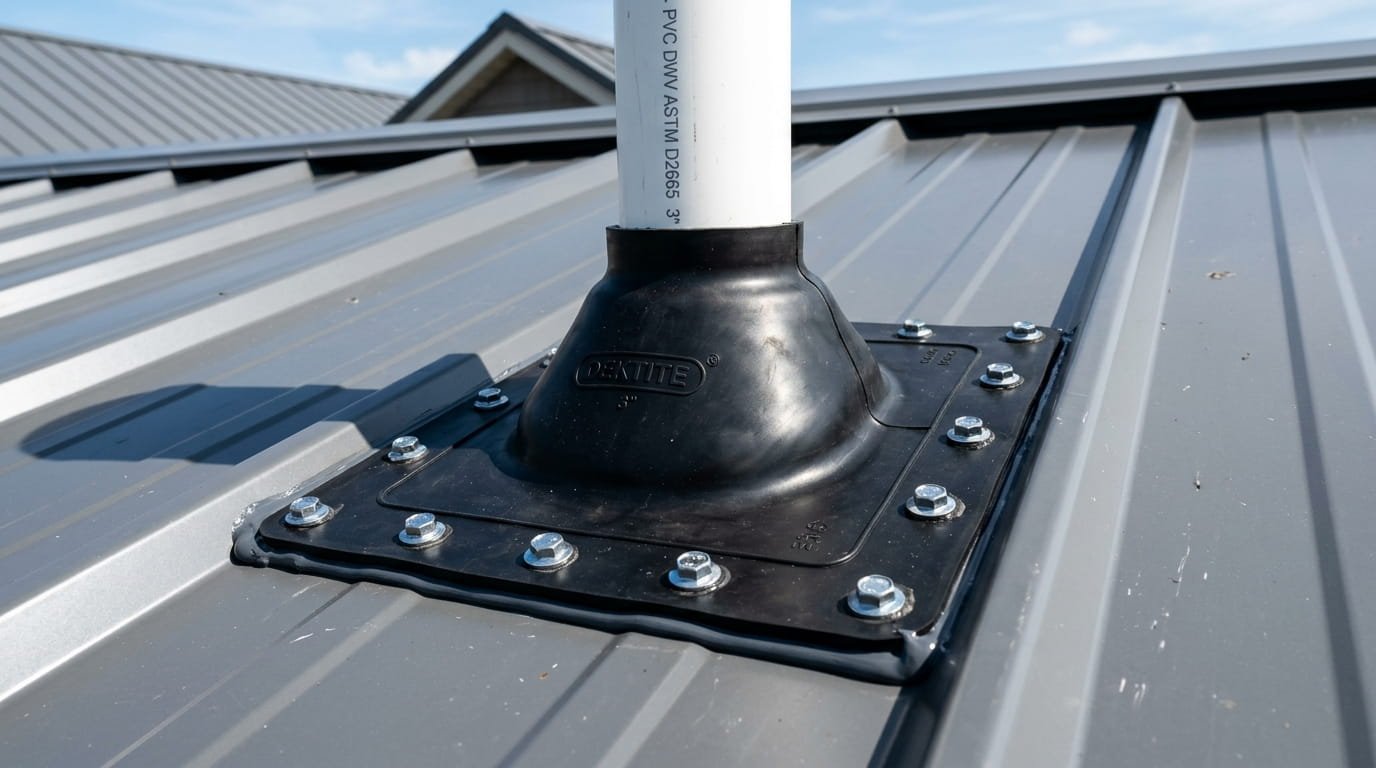 A high-contrast photograph of a black EPDM rubber pipe boot installed around a PVC vent pipe on a grey metal roof. The flexible square base of the boot is molded perfectly to the ribs of the metal panel. Chrome-colored roofing screws are driven through the metal collar of the boot, and a clean, thin bead of UV-resistant sealant is visible around the edges. The sun is reflecting off the metal, showing a completely dry and professional seal.