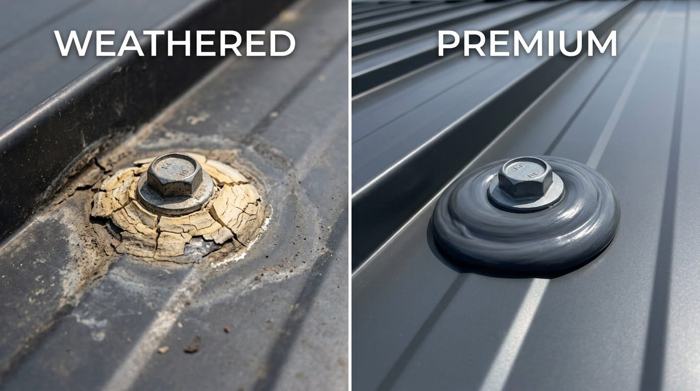 Side-by-side comparison on a metal roof showing the stark difference between failed, cracked plastic sealant and durable, flexible high-grade polyurethane sealant around a fastener.