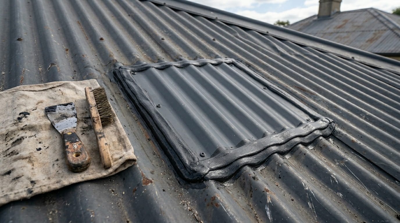 A clean, professional metal roof patch repair on corrugated panels, showing a matching grey patch sealed with heavy roofing cement and the tools used for the job.