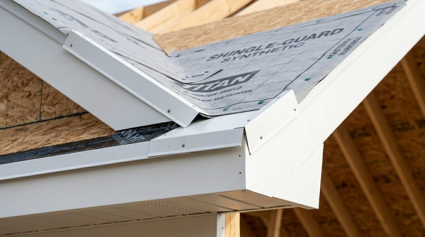 A close-up, descriptive photograph of a roof eave during preparation. It shows the shiny black surface of high-temperature ice and water shield installed along the eave edge, with grey synthetic underlayment lapped over it. A white metal eave trim (drip edge) is neatly installed, showing the 2-inch overlap between sections. The background shows the clean lines of the roof rafters. The focus is sharp on the layering of the materials to show the correct water-shedding order.