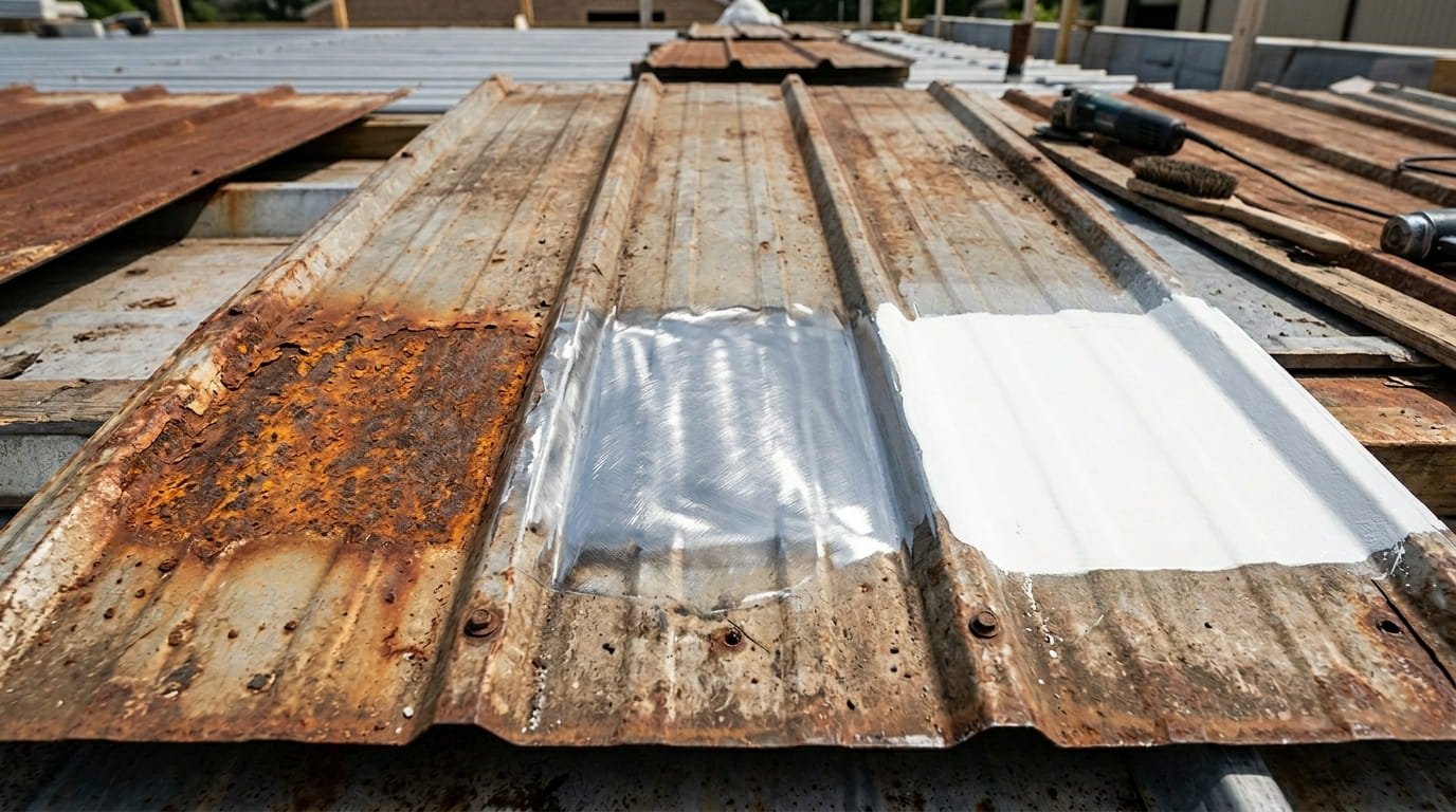 A process photo showing the three steps of rust remediation on a metal roof: identifying surface rust, grinding to bare metal, and sealing with a professional elastomeric coating.