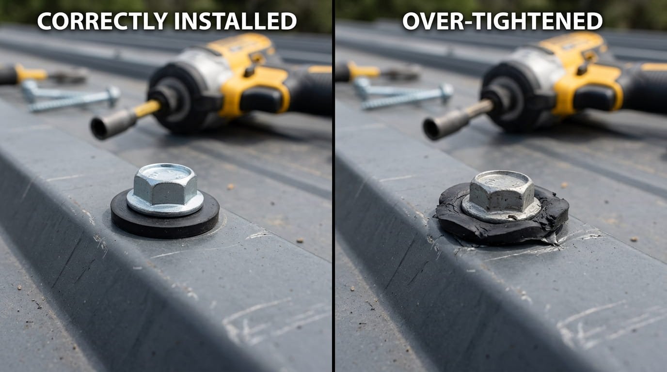 Side-by-side close-up showing the difference between a correctly installed roofing screw with a plump washer and an over-tightened screw with a flattened, damaged washer.
