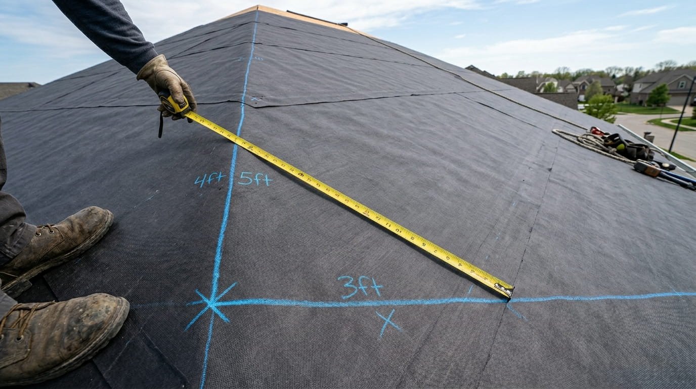 A wide-angle photograph taken from the perspective of a roofer looking down at a clean, underlayment-covered roof deck. Bright blue chalk lines form a perfect right angle starting from the bottom corner. Small, legible pencil marks on the underlayment show "3ft" along the eave and "4ft" heading toward the ridge, with a yellow measuring tape stretched diagonally between them showing exactly "5ft". This clearly illustrates the 3-4-5 squaring method for roof alignment.