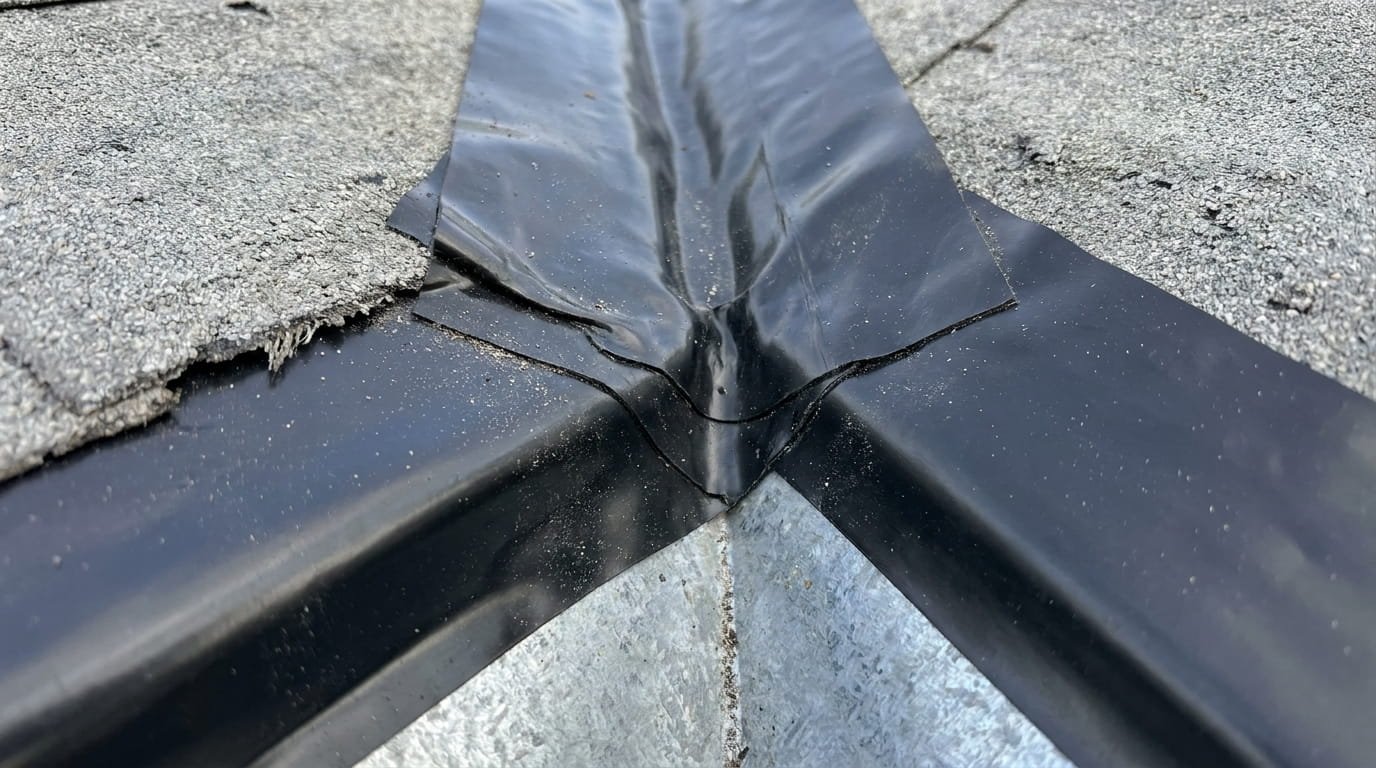 An extreme close-up, high-detail photograph of a complex roof valley transition point. A peel-and-stick Ice and Water Shield membrane has just been applied. The image focuses on the point where the gray, granulated surface of the main underlayment meets the dark, smooth, rubberized texture of the I&WS which is layered over the valley flashing metal. The self-adhering membrane is seen stretching seamlessly and conforming perfectly to the acute angle of the valley, showing multiple layered seams fused together at the critical joint. No panel fasteners are visible yet.