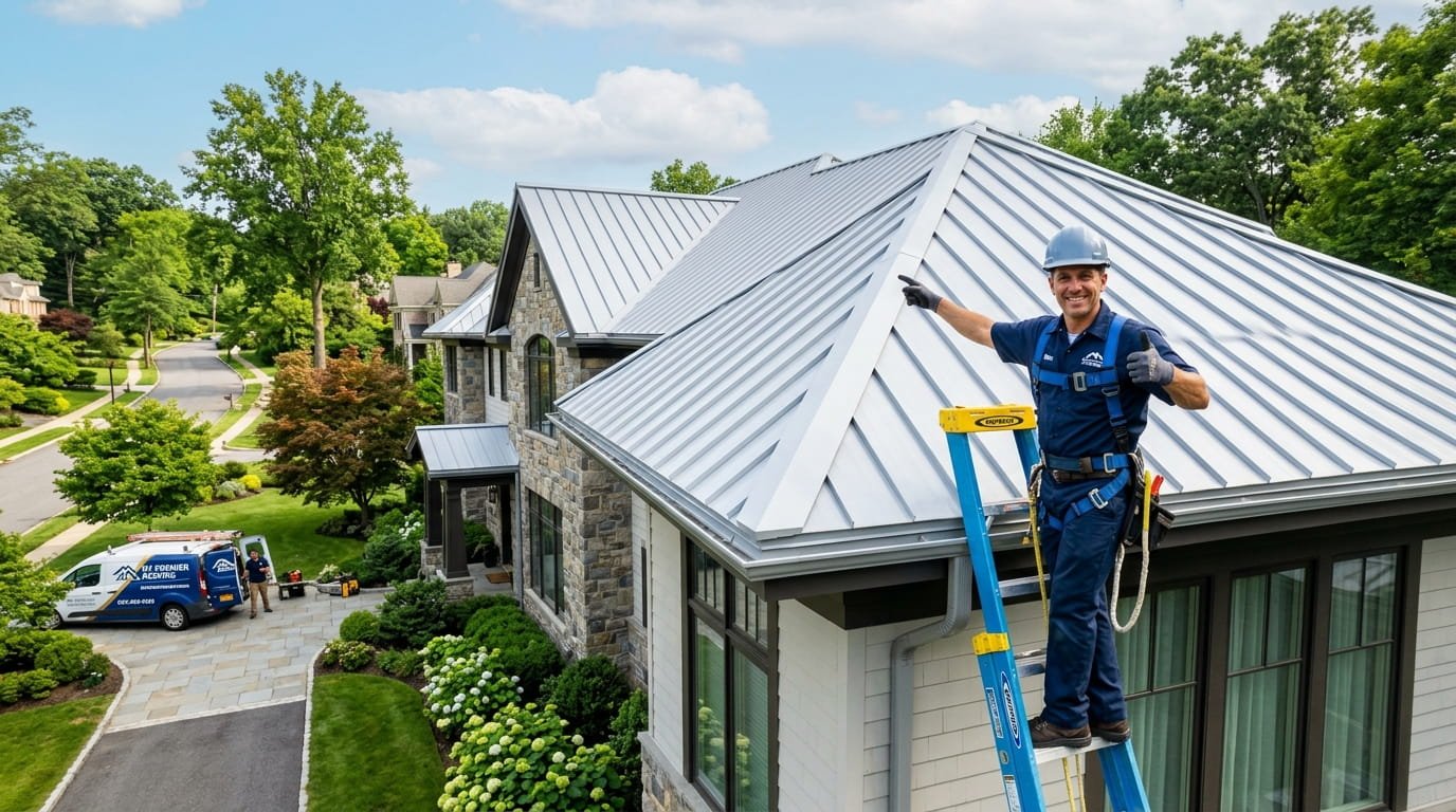 A large residential home in New York with a pristine new light-grey metal roof and a smiling professional roofer giving a thumbs up from a ladder, symbolizing quality work.