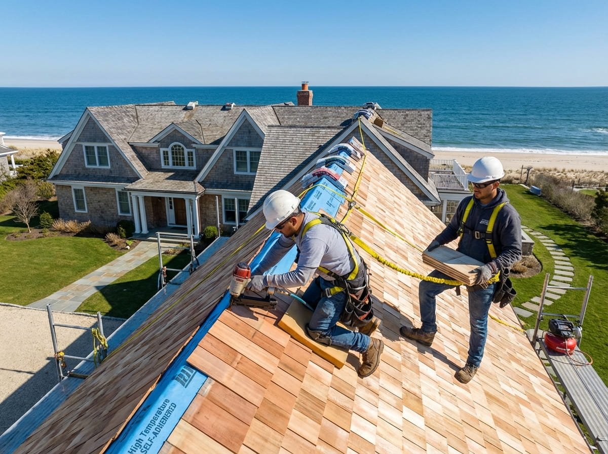Roofers installing cedar shingles