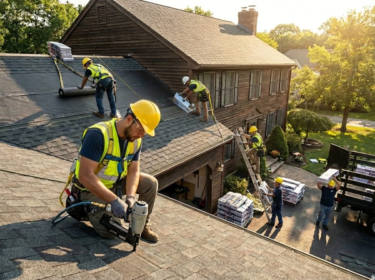 Roofers installing shingles