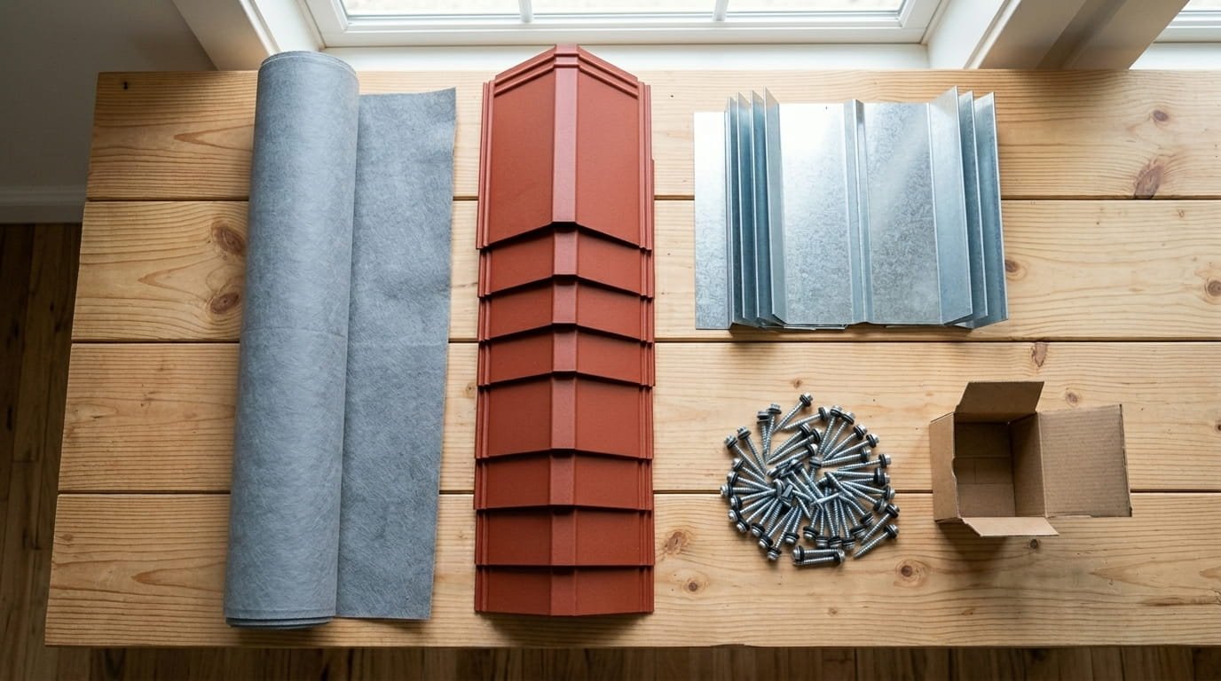 Essential metal roofing accessories: ridge caps, flashing, fasteners, and underlayment.