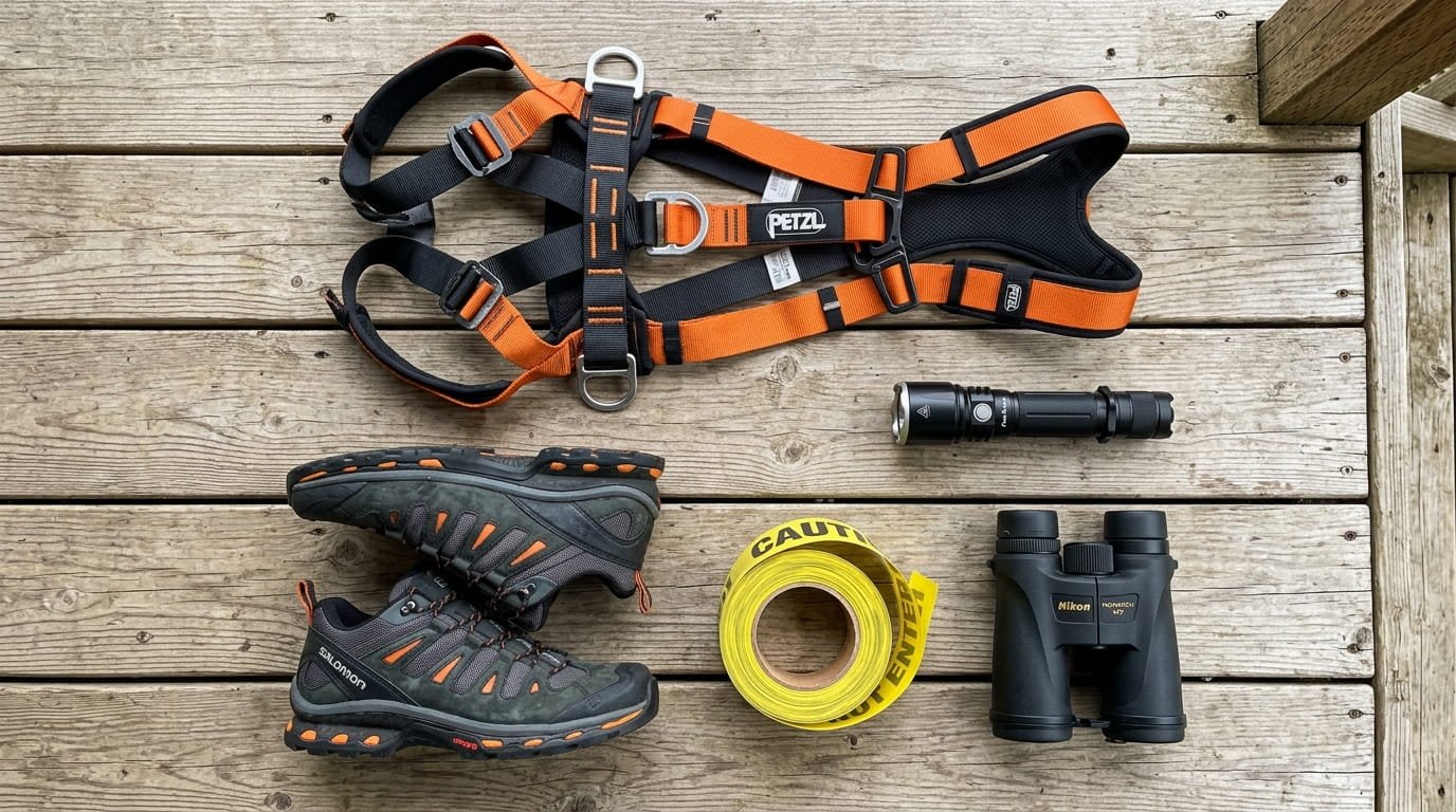 A flat-lay "knolling" style photo on a wooden deck. The items include a modern safety harness, high-grip rubber-soled shoes, a bright LED flashlight, a roll of marking tape, and a pair of professional binoculars. Clean, organized, bright natural lighting, top-down perspective.