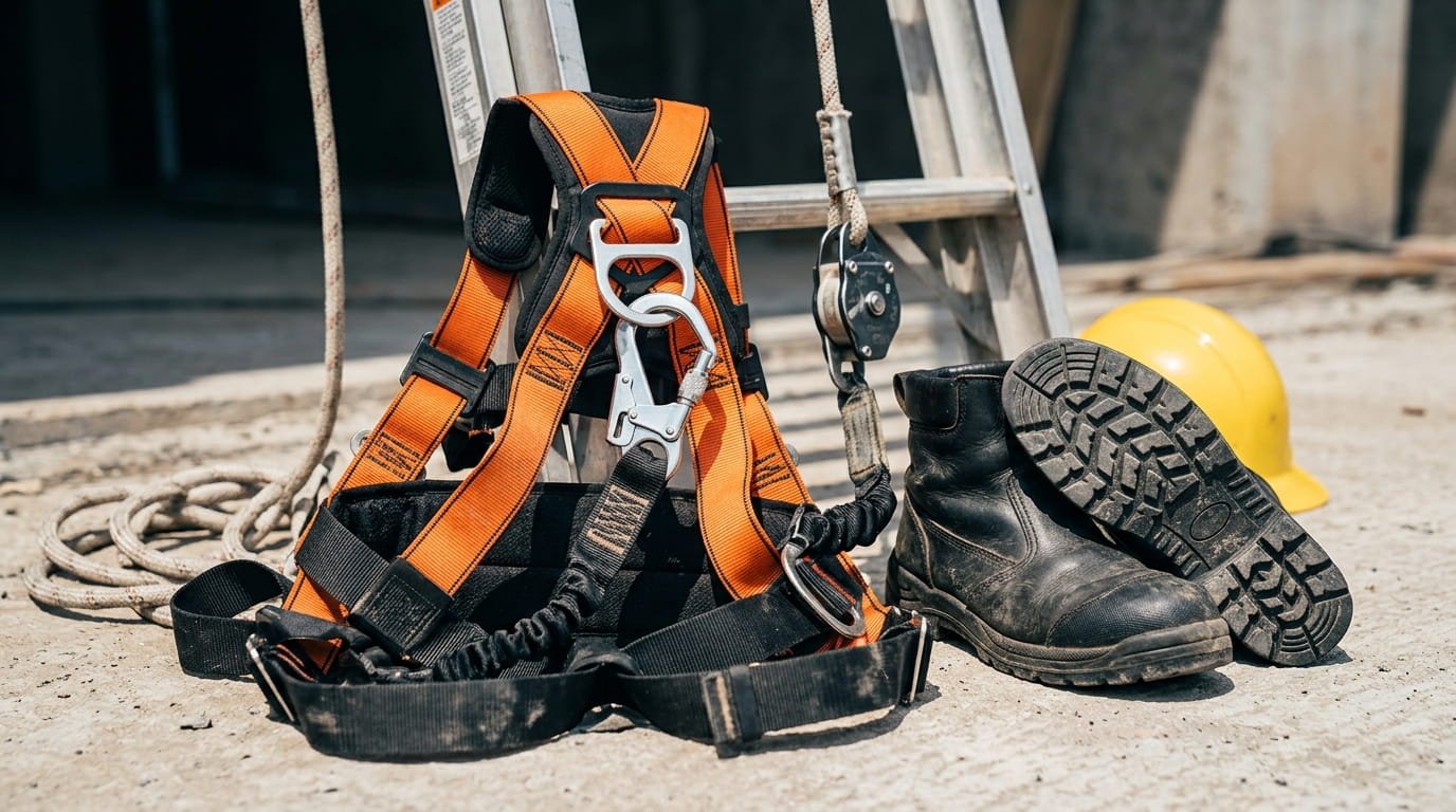 A vertical hero shot featuring essential fall protection gear: a safety harness with a metallic D-ring and carabiner, a rope grab system, and high-traction roofing boots with specialized rubber soles laid out on a clean surface.
