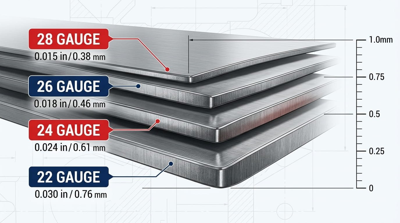 Metal roofing gauge thickness comparison showing 22 gauge is thicker than 28 gauge.