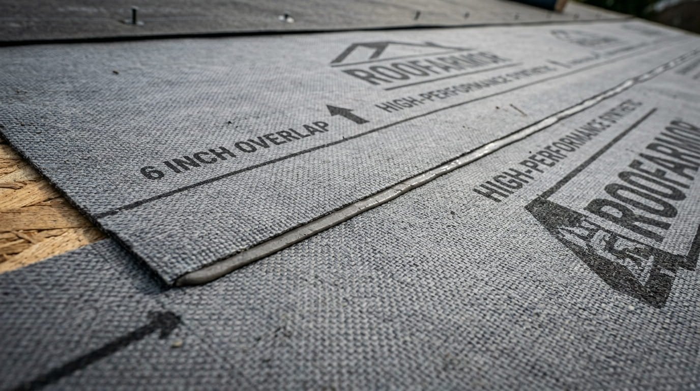 An intense macro close-up photograph of a horizontal seam where two layers of high-performance synthetic underlayment overlap (the top layer lapping over the bottom). The camera angle focuses down the precisely defined 6-inch lap. The woven gray texture of the top underlayment is shown adhering tightly to the surface below. Crucially, the seam is perfectly flat, with a fine bead of sealant or self-adhesive visible at the edge of the overlap, proving a firm, compressed roll-down. The sharp focus highlights the lack of any air pockets.