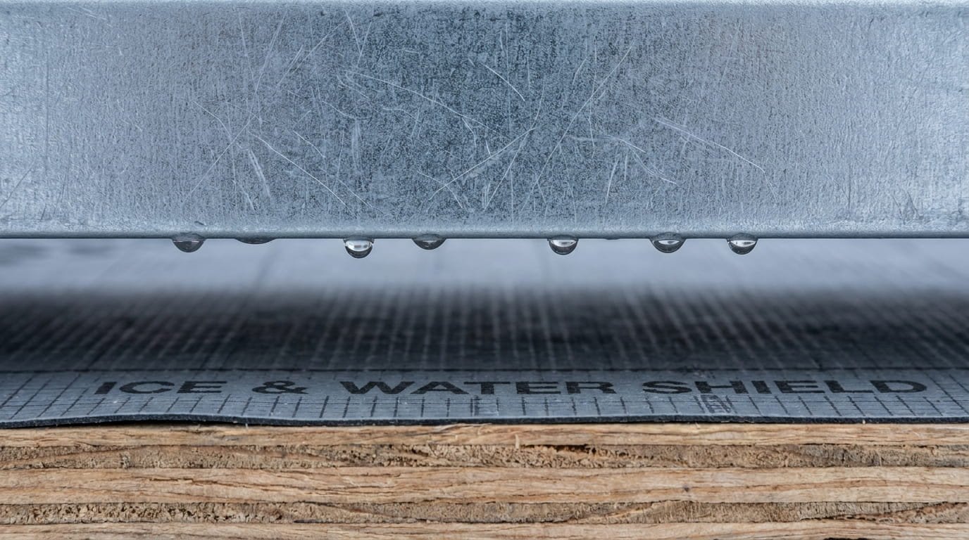 An intense macro close-up cross-section illustrating a three-layer system. From top to bottom: 1. A textured gray metal panel (showing minor thermal expansion scratches). 2. A distinct air gap (ventilation space). 3. A high-temperature rated Ice and Water Shield membrane with a fine film texture, applied tightly over a plywood deck. On the underside of the metal panel (in the air gap), tiny, spherical beads of condensation moisture are visible, but the Ice and Water Shield beneath them remains perfectly dry and impermeable, blocking all downward path. The lighting is cool, simulating a northern winter day.