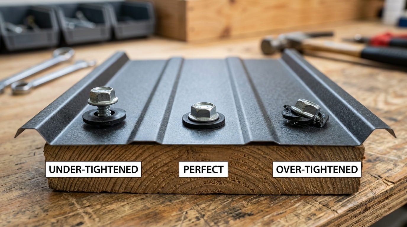 A professional macro product photograph displaying three metal roofing screws driven into a sample piece of R-panel and wood blocking, positioned side-by-side on a workshop table.