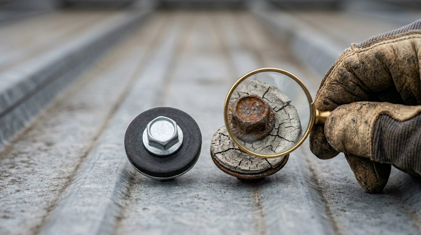 Side-by-side macro photo comparing a new roofing screw with a flexible washer to an old, weathered screw with a cracked, flattened washer.