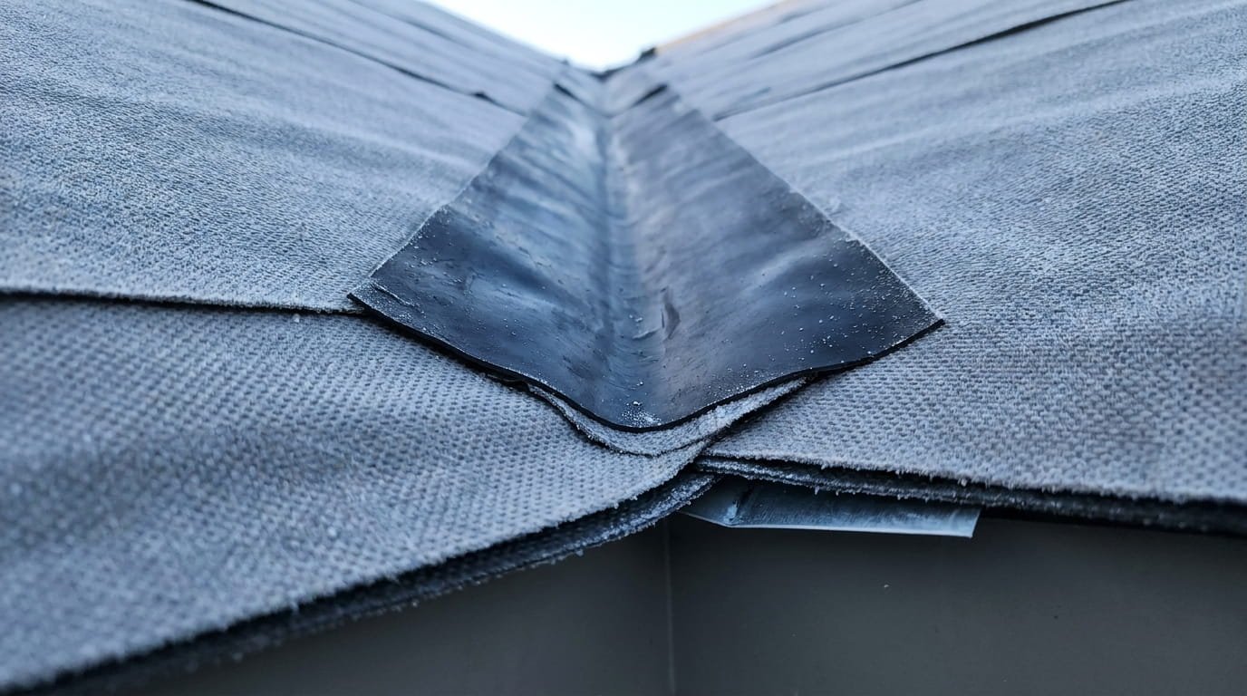 An extreme close-up photograph of a valley joint. The image captures the transition where the main, woven gray synthetic underlayment fields meet. Layered over the critical valley intersection is a strip of smooth, dark, high-temperature Ice and Water Shield. The visual focus is on the multi-layered overlap, showing the smooth membrane conforming to the angle, and the textured synthetic underlayment covering the remaining roof area. The lighting is cold, suggesting an early morning in a harsh winter zone.