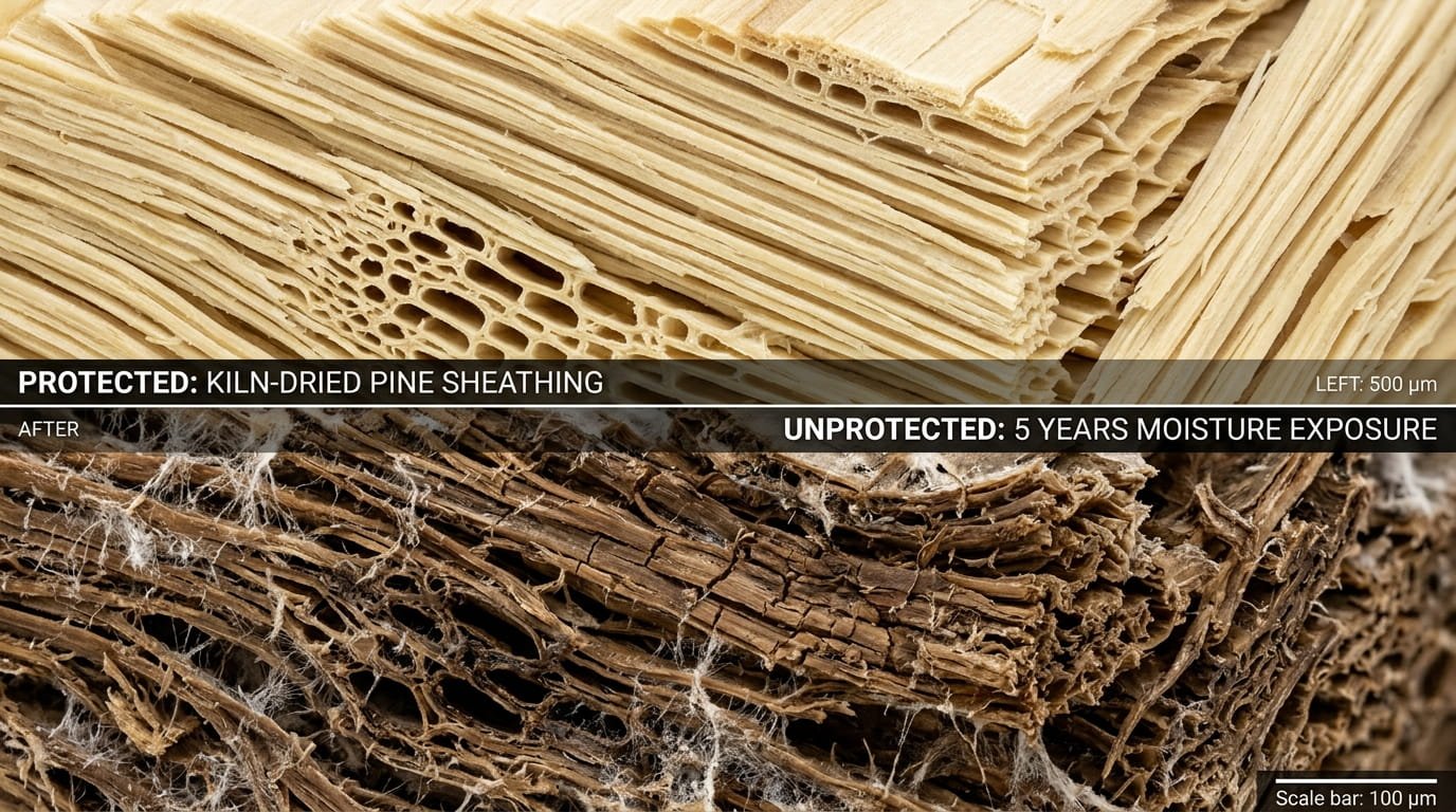 A macro, nano-scale split-screen photograph. Left Side (Protected): A hyper-detailed view of raw, kiln-dried pine sheathing grain that has been protected by synthetic underlayment. The wood fibers are crisp, pale yellow, and structurally rigid, showing clean vascular channels. Right Side (Unprotected Rot): A view of the exact same wood type after five years of exposure to condensation. The fibers are collapsed, saturated dark brown, soft, and covered in a network of micro-fractures and tiny white mold filaments. The visual comparison emphasizes the complete structural failure of the unmanaged wood.