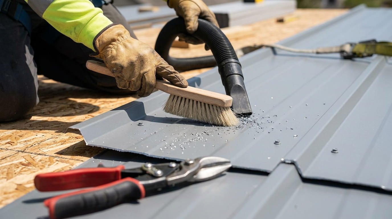 A close-up photograph capturing the urgent cleanup process of metal installation. A worker in work gloves and safe boots has just completed a cut on a pre-painted grey R-panel sheet using electric metal shears (visible in the foreground). Immediately after the cut, they are using a soft-bristled countertop brush and a shop vac to sweep up tiny, shiny metal shards and filings from the panel surface and the adjacent roof deck. The bright daylight highlights the glint of the tiny metal pieces being cleared away, preventing future rust stains. The focus is sharp on the brush and the metal filings.