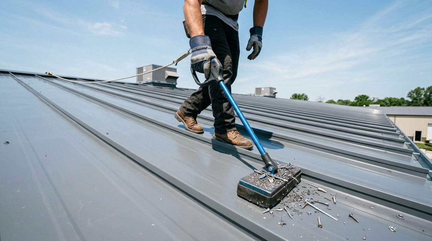 A low-angle shot of a worker using a magnetic sweeper wand on a newly installed grey R-panel metal roof. The magnet is shown collecting metal filings and stray screws, leaving a pristine surface behind, with the focus on the metallic textures and the cleaning process.