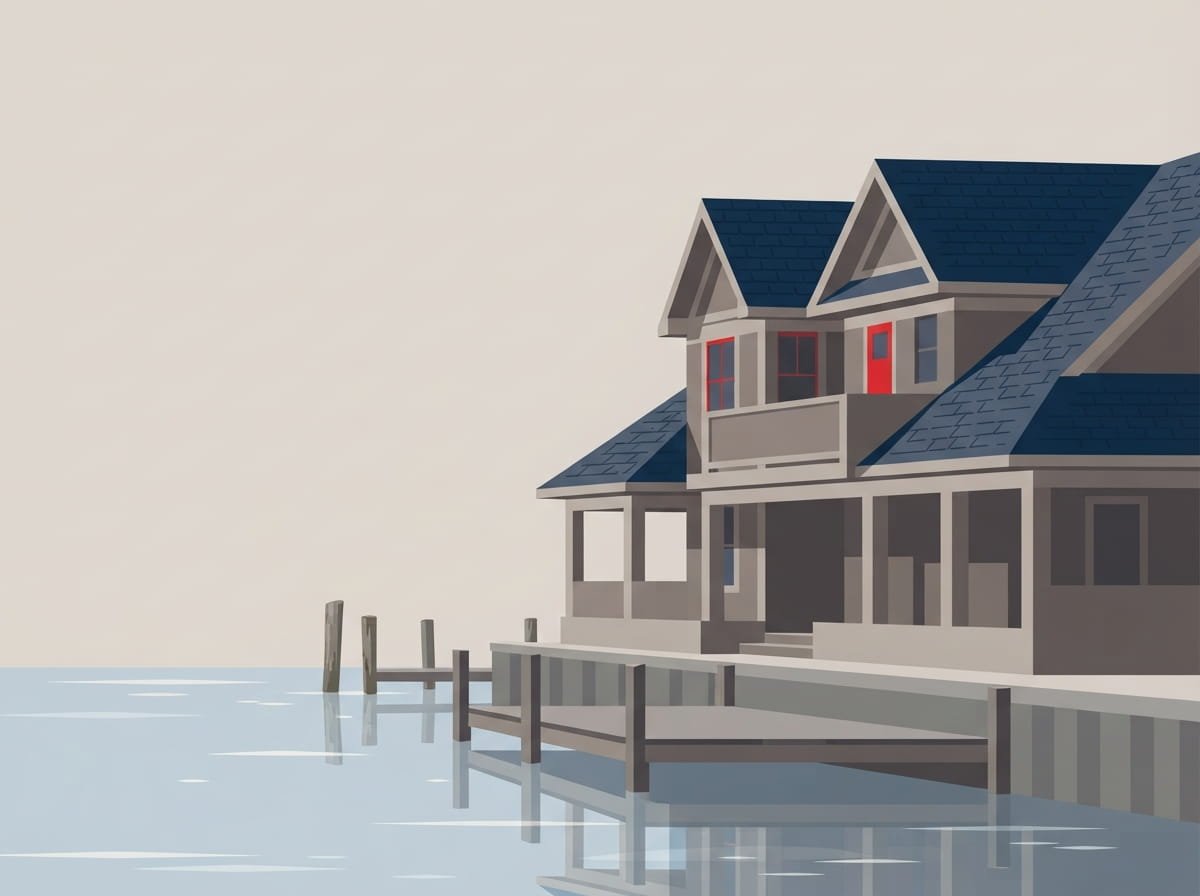 Illustration of a canal-front home roofline near a private dock in Freeport, NY
