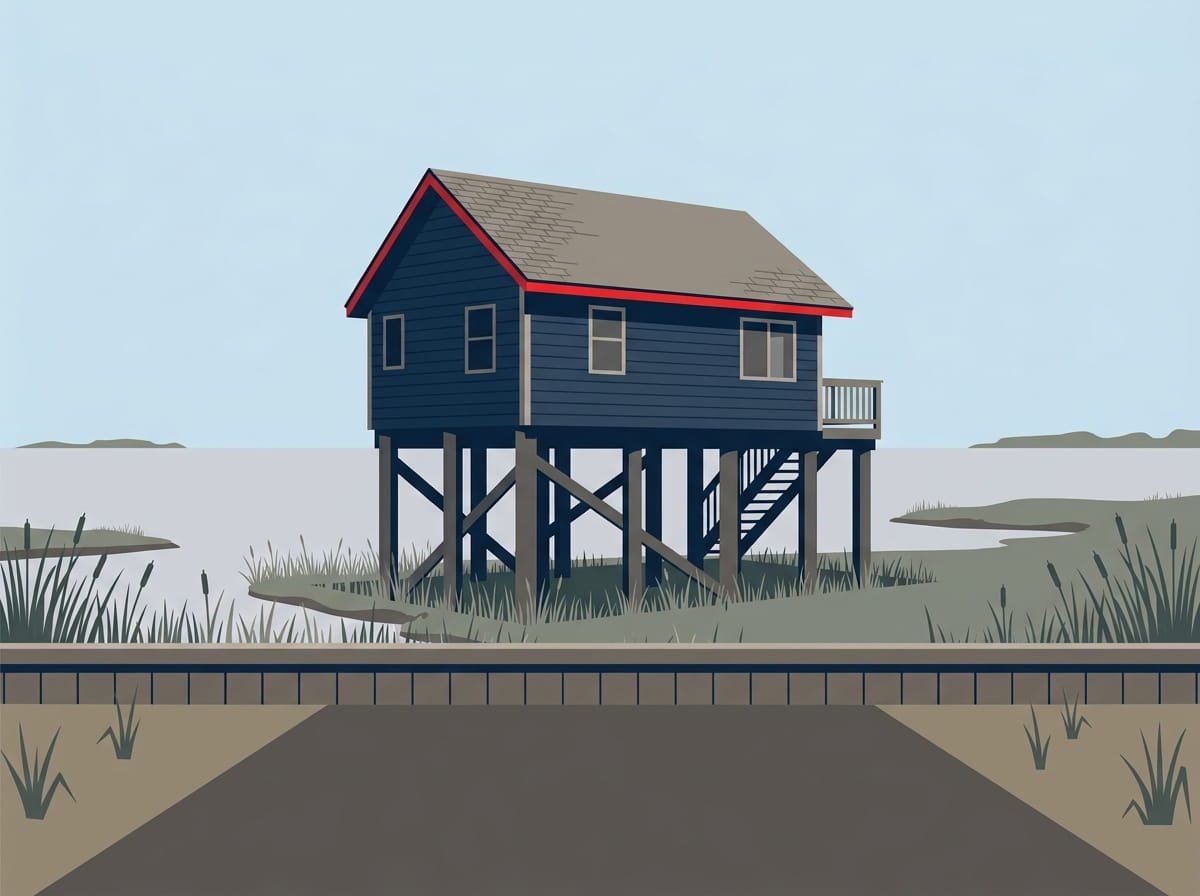 Roof of a raised Broad Channel home on pilings with Jamaica Bay behind it