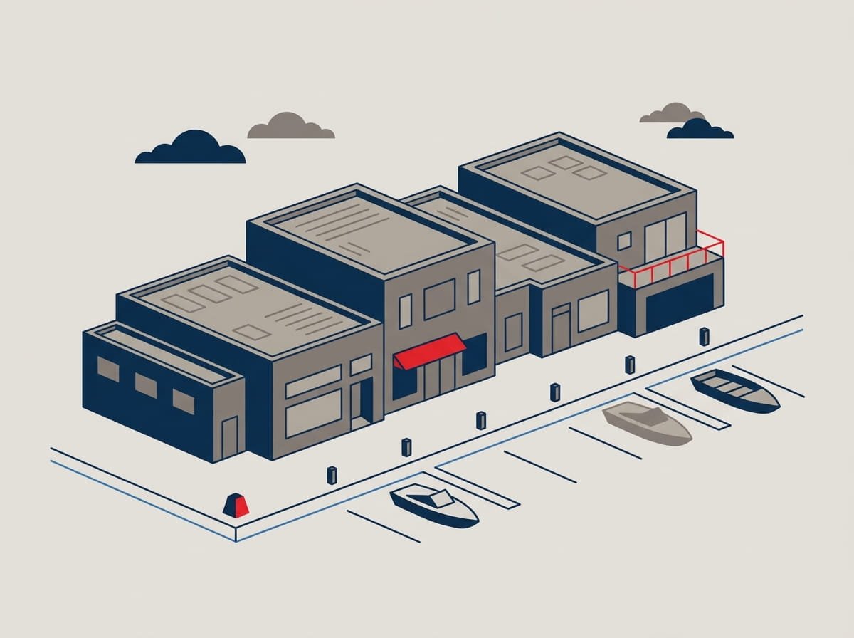 Illustration of low-rise waterfront commercial buildings with flat roofs along a canal in Freeport, NY